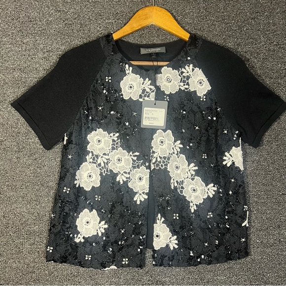 NWT St. John Black and White Lace Embellished One Button Cardigan, Small - Picture 1 of 6